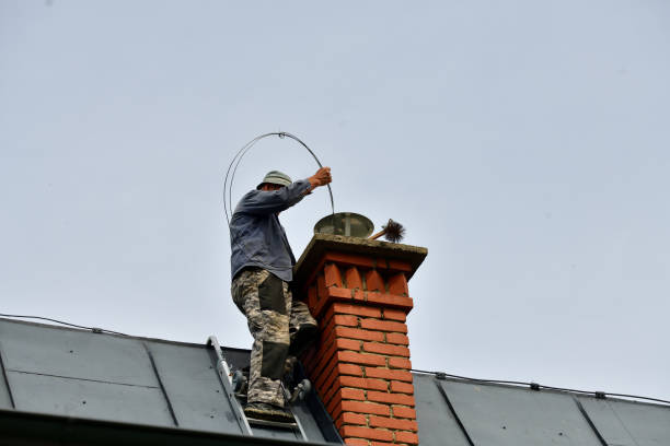 A chimneyer climbs a ladder to the roof to repair a chimney